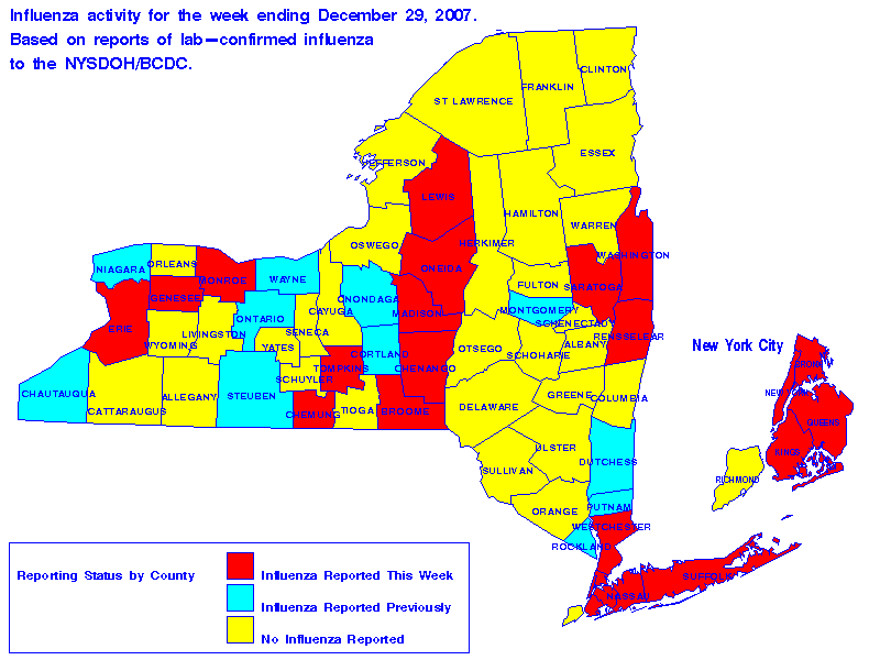 Map of flu activity in New York State for the week ending 12-29-2007