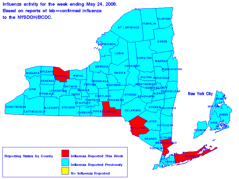 Map of flu activity in New York State for the week ending May 24, 2008