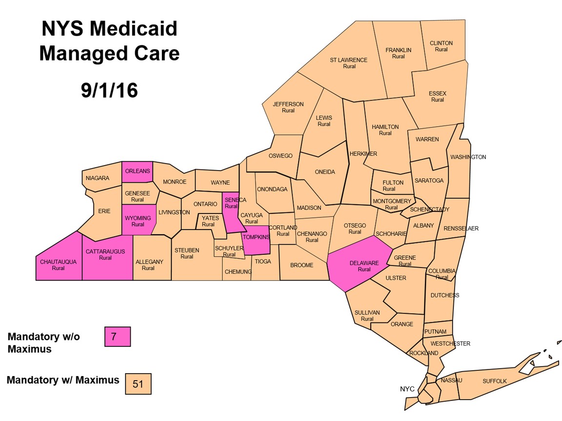 NYS map highlighting mandatory Medicaid Managed Care counties