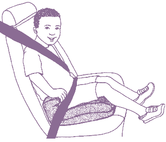 A boy using a booster seat and lap and shoulder safety belts in a motor vehicle.