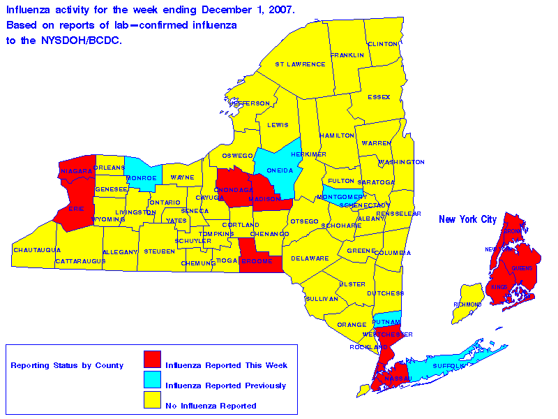 Map of flu activity in New York State for the week ending 12-01-2007