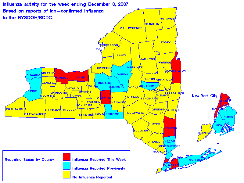 Map of flu activity in New York State for the week ending 12-08-2007