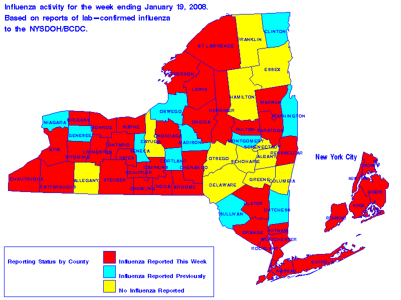 Map of flu activity in New York State for the week ending 01-19-2008