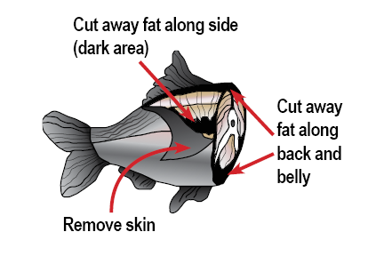 diagram illustrating trimming skin and dark fatty meat away from a fish fillet