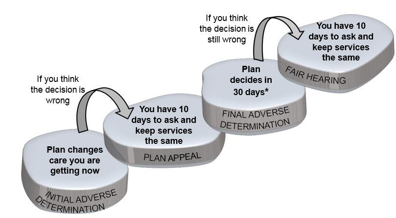 Steps to take if plan decision is to reduce suspend or stop a  service and enrollee wants to keep services the  same during appeal