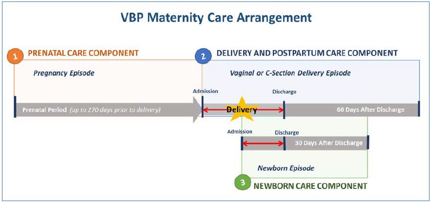 Figure 1: The Maternity Care Arrangement represents three components of maternity care including 1) prenatal care, 2) delivery and postpartum care, and 3) newborn care.