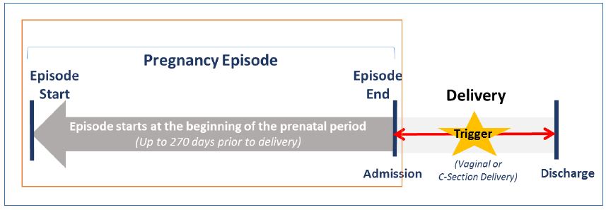 Figure 2: Pregnancy Episode example: The Pregnancy Episode spans the course of prenatal care from 270 days prior to delivery.