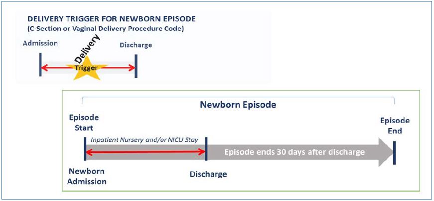 Figure 4: Newborn Episode example: The Newborn Episode is triggered by the delivery and includes all services provided to the newborn over the course of the initial inpatient stay and during the 30-day post–discharge period.