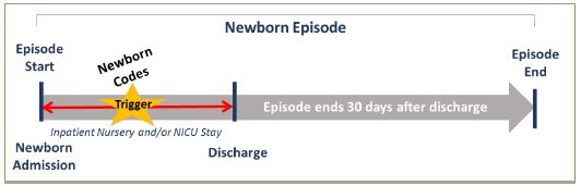 Figure 4: Newborn Episode example: The Newborn Episode is triggered by the newborn codes and includes all services provided to the newborn over the course of the initial inpatient stay and during the 30-day post-discharge period.