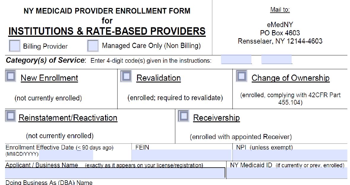 NY Medicaid Provider Enrollment Form for Institutions and Rate-Based Providers