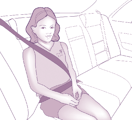 A girl using lap and shoulder safety belts in a motor vehicle.