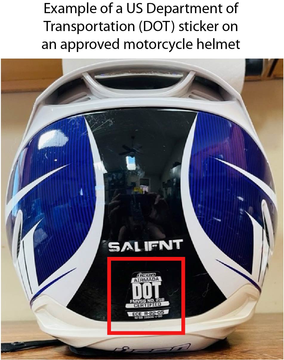 DOT stickers on the helmet provide examples of what to look for to ensure a motorcycle helmet meets the required safety standards