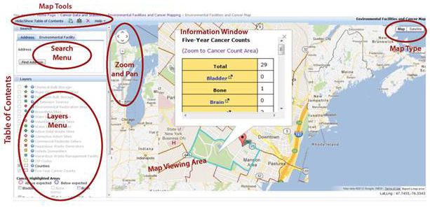 Environmental Facilities and Cancer Mapping Application Controls and Features