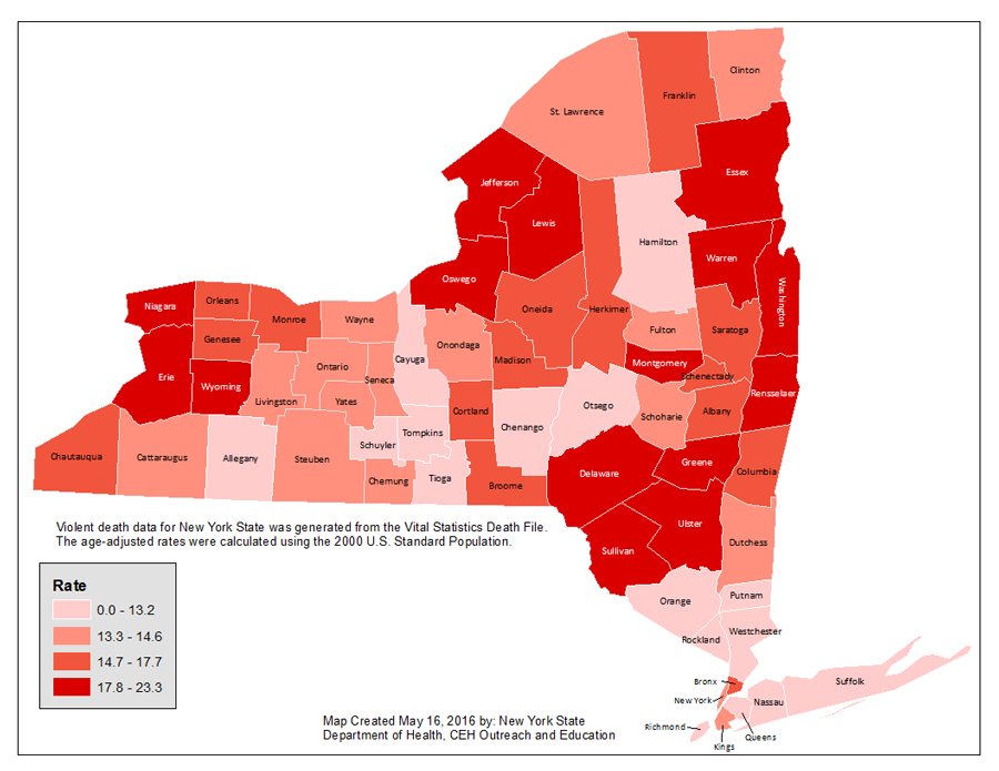 Map Showing Incidence of Violent Deaths in New York State Residents, Rate by County per 100,000 Residents